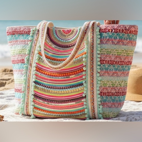 America & Beyond Boho Rainbow hand-beaded tote EUC - Picture 1 of 12